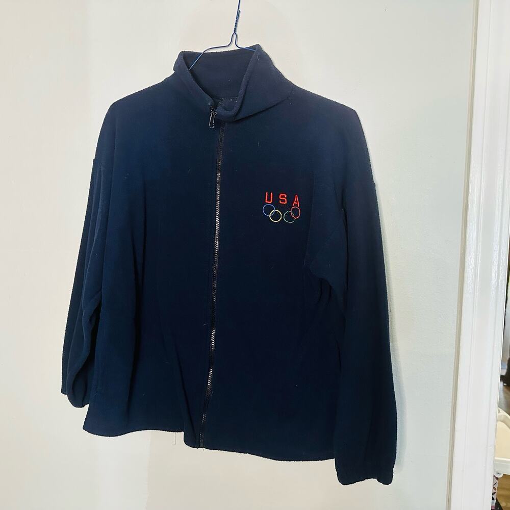 Vintage USA Olympics 90s Dark Blue Zip Up Front Fleece Jacket Size Medium